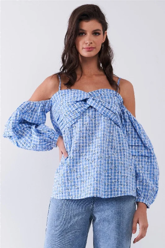 Blue & White Checkered Floral Print Off-The-Shoulder Balloon Sleeve Relaxed Blouse Slim Fit Blouse Blue & White Checkered Floral Print Off-The-Shoulder Balloon Sleeve Relaxed Blouse Slim Fit Blouse