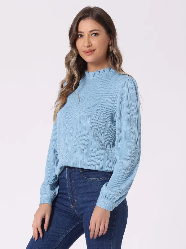 Ruffled Long Sleeve Mock Neck Casual Business Office Blouse Loose Fit Blouse