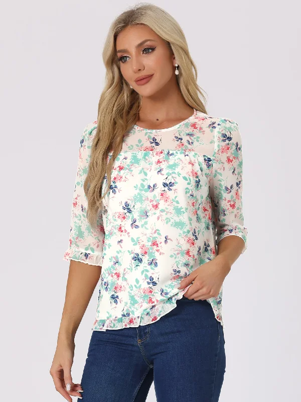 Casual Ruffle Floral Print 3/4 Sleeve Chiffon Blouse Feminine Tie Blouse