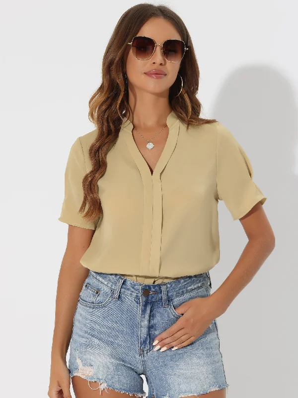 Dressy Casual V Neck Short Sleeve Satin Blouse Relaxed Fit Blouse