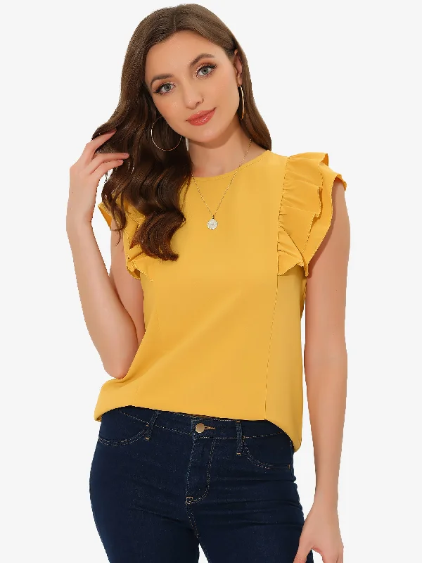 Ruffle Solid Round Neck Cap Sleeve Blouse Tops Casual Relaxed Blouse