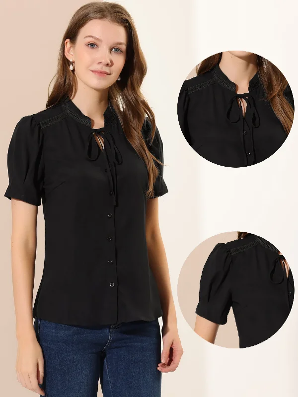 Summer Puff Short Sleeve Tie Neck Work Office Button Down Blouse Oversized Silk Blouse Summer Puff Short Sleeve Tie Neck Work Office Button Down Blouse Oversized Silk Blouse