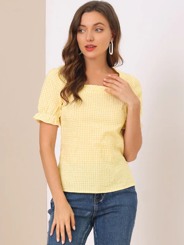 Allegra K Square Neck Peasant Tops Plaid Short Sleeve Blouse Satin Drape Blouse