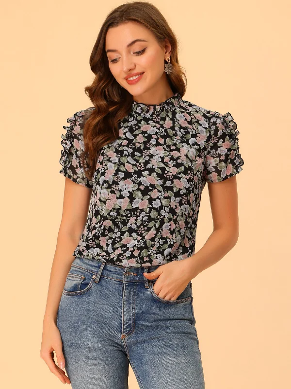 Summer Ruffled Neck Frill Trim Short Sleeve Chiffon Floral Blouse Satin Drape Blouse