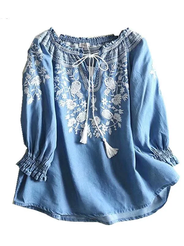 Vintage Chic Women Floral Embroidery Beach Bohemian Denim Cotton Blouse Shirt Airy Cotton Blouse Vintage Chic Women Floral Embroidery Beach Bohemian Denim Cotton Blouse Shirt Airy Cotton Blouse