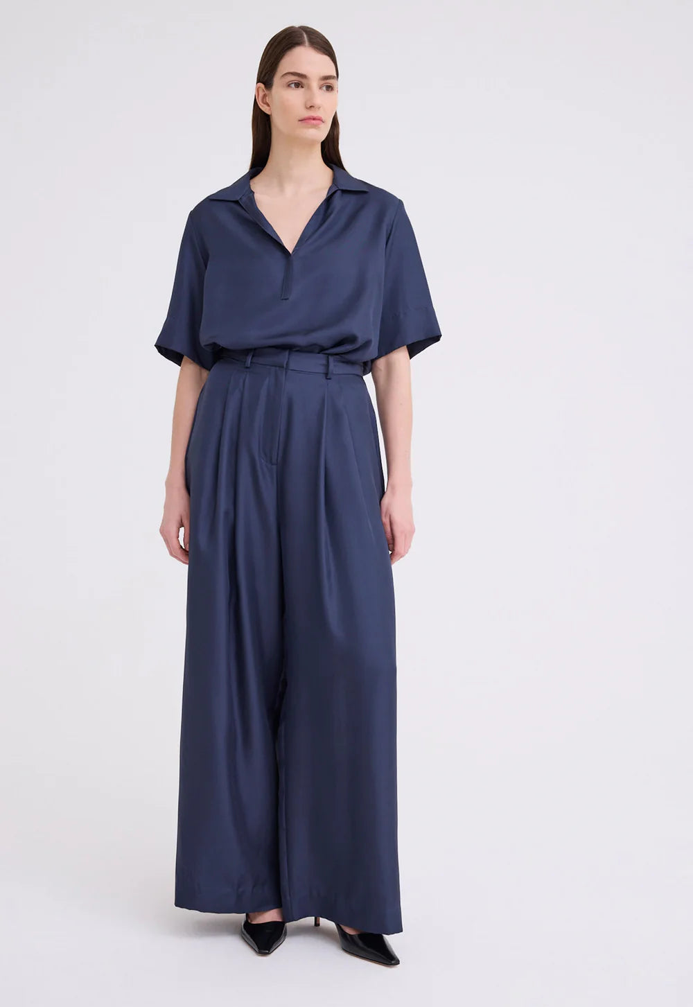 Poirot Silk Twill Pant in Sly Blue Formal Slim Pants