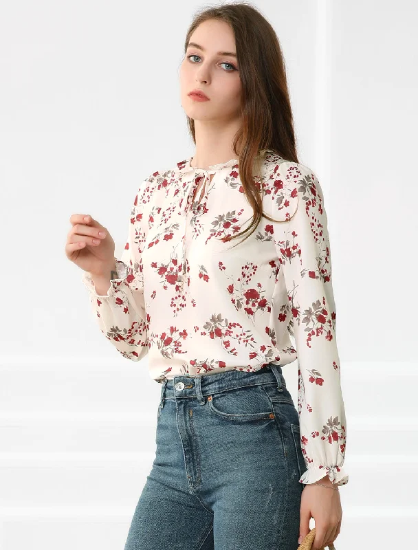 Floral Tie Neck Long Sleeve Frilly Trim Keyhole Casual Chiffon Blouse Oversized Silk Blouse Floral Tie Neck Long Sleeve Frilly Trim Keyhole Casual Chiffon Blouse Oversized Silk Blouse