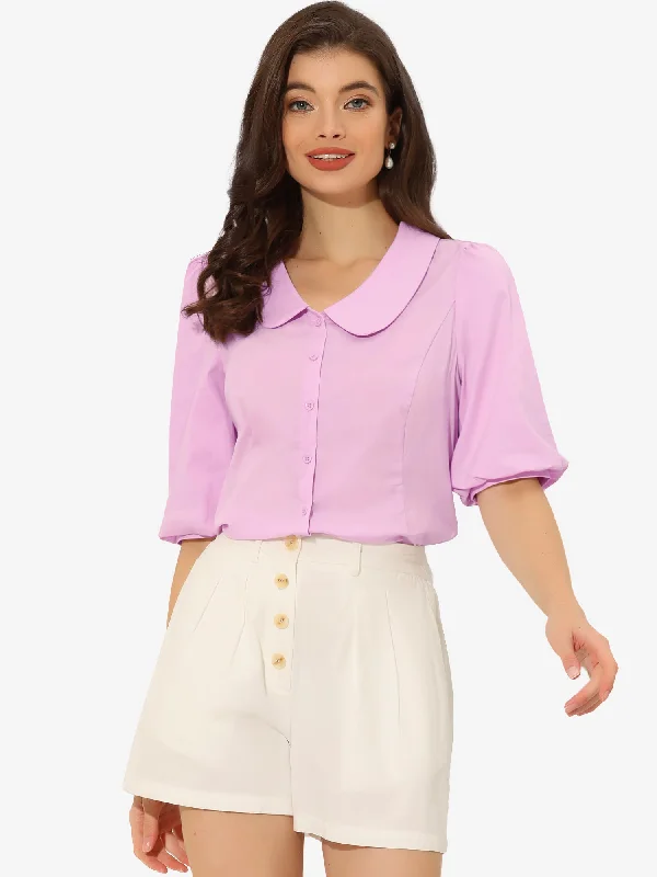 Sweet Short Bubble Sleeve Blouse Peter Pan Collar Solid Top Elegant Embroidery Blouse