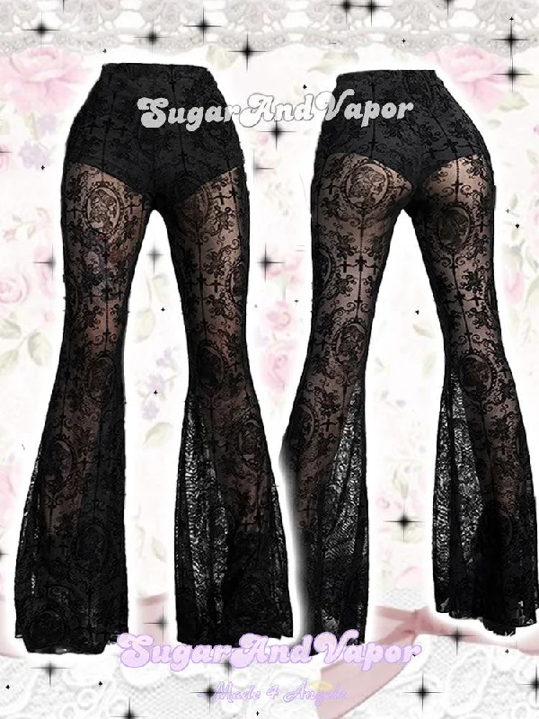 Serenity Goth Lace See-through Flared Pants Relaxed High-Waist Trousers