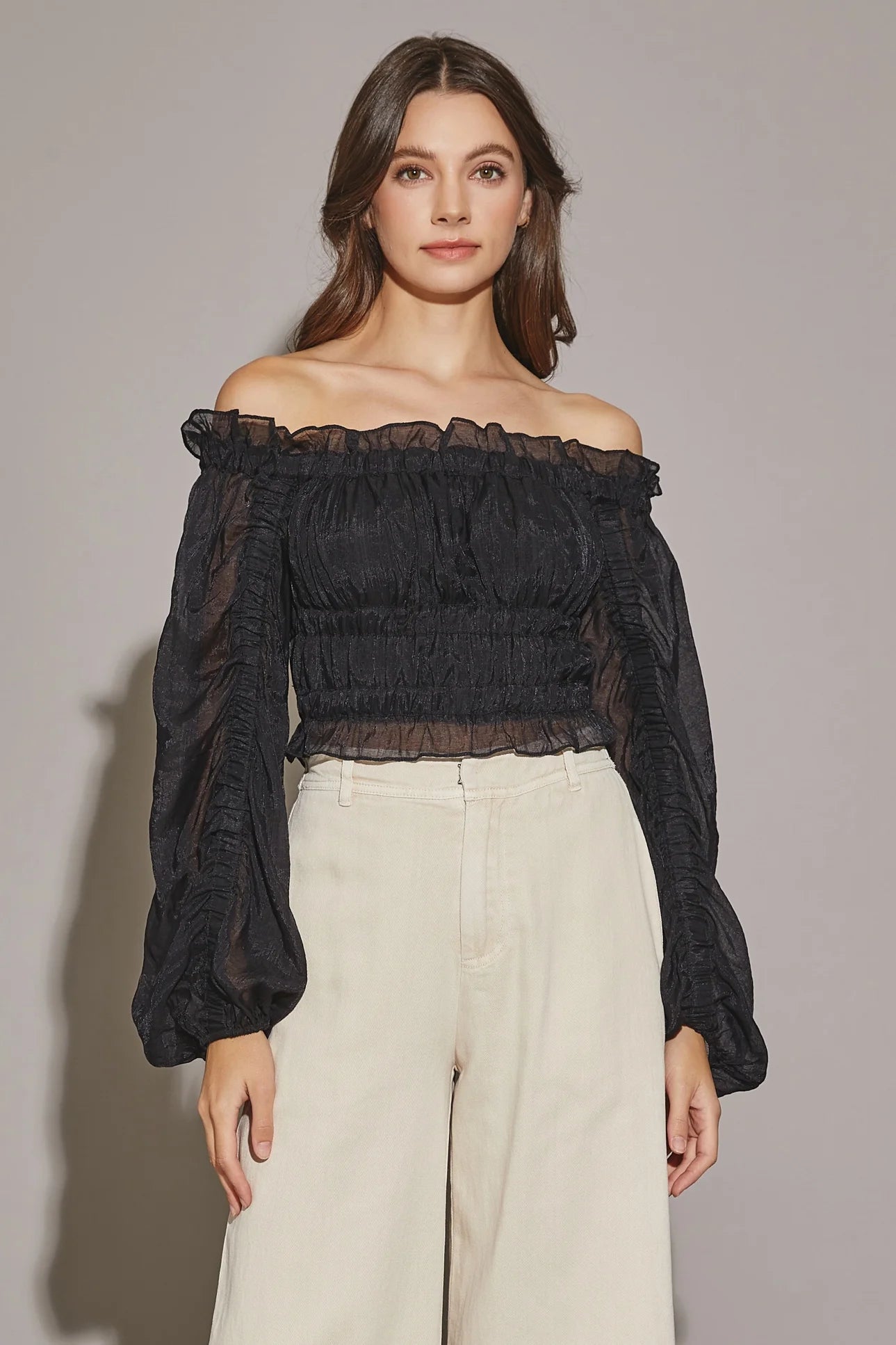 Off The Shoulder Shirring Crop Blouse Vintage Lace Blouse