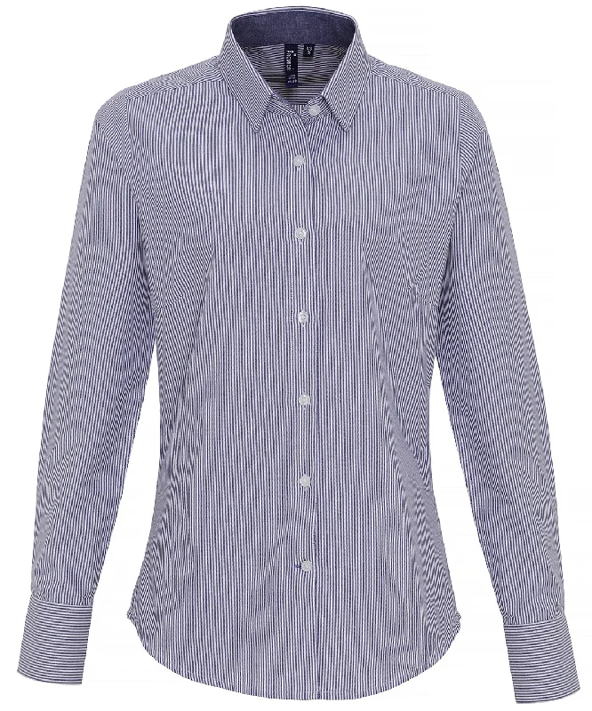 White/Navy - Women's cotton-rich Oxford stripes blouse Chic Off-Shoulder Blouse