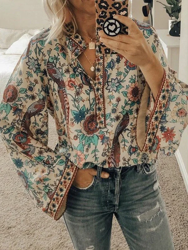2022 Women Boho Print Blouses Casual Loose Tops Stand V Neck Long Sleeves Button Blouse Everyday Stylish Blouse 2022 Women Boho Print Blouses Casual Loose Tops Stand V Neck Long Sleeves Button Blouse Everyday Stylish Blouse