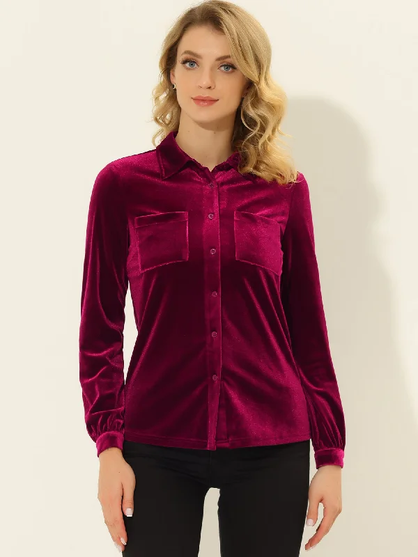 Pocket Front Velvet Blouse Long Sleeve Casual Button Down Shirt Subtle Shimmer Blouse Pocket Front Velvet Blouse Long Sleeve Casual Button Down Shirt Subtle Shimmer Blouse