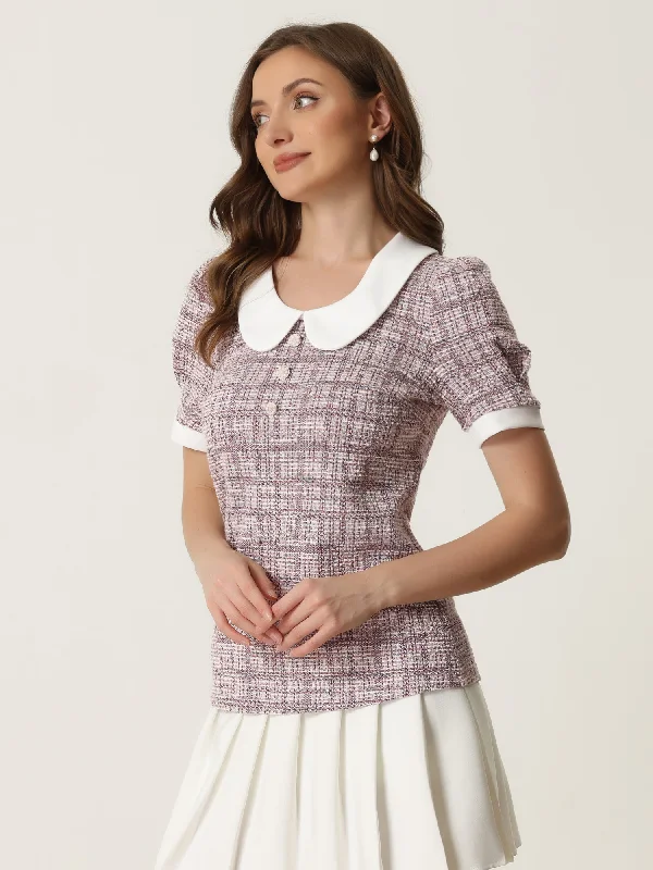 Tweed Top Button Decor Peter Pan Collar Blouse Stylish Wrap Blouse