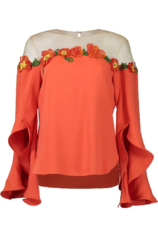 Illusion Neck Poppies Blouse Sweetheart Neck Blouse