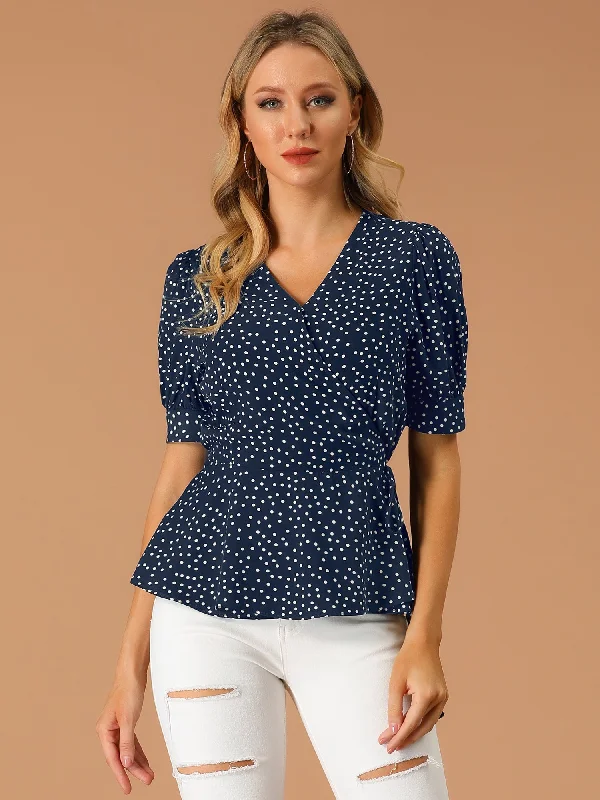 V Neck Polka Dots Blouse Short Sleeve Wrap Peplum Top High Neck Blouse