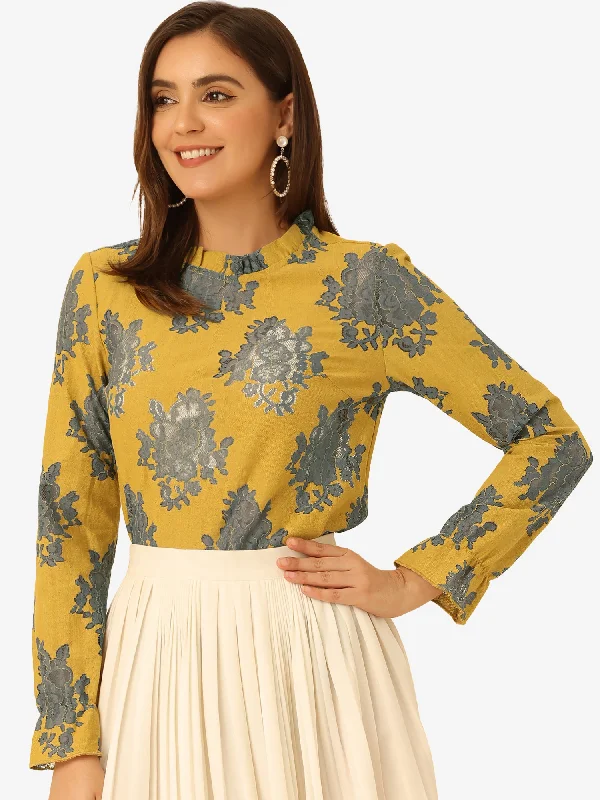 See Through Ruffle Frill Neck Long Sleeve Floral Lace Blouse Gathered Detail Blouse
