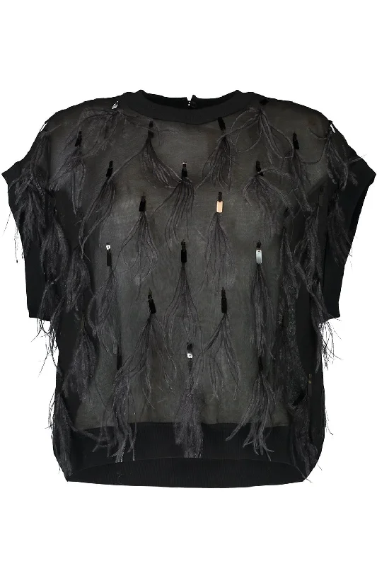 Feather Embellished Blouse - Black Side Tie Blouse