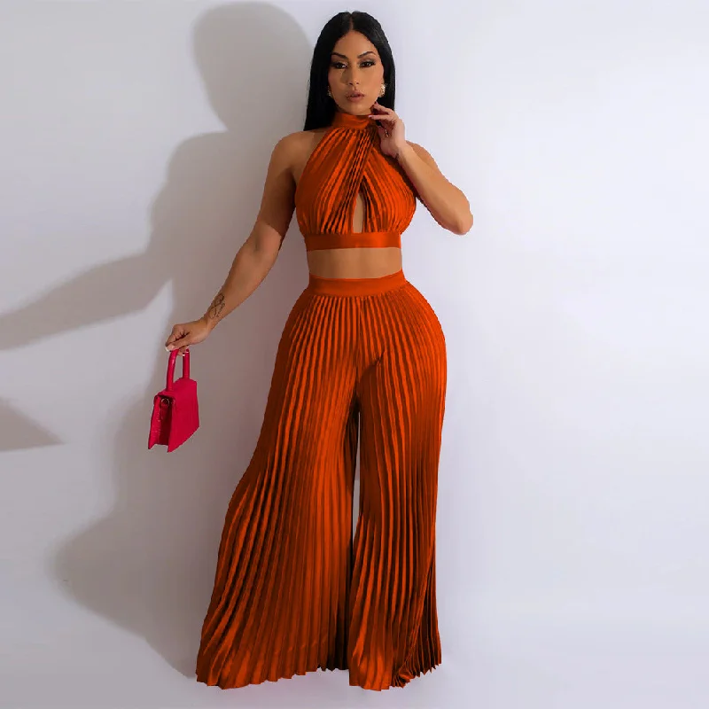 Women's Halter Silk-like Pleated Wide-leg Pants Two-piece Set Classic Stretch Pants