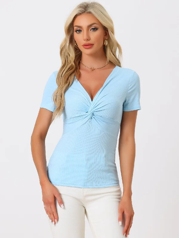 Twist Front Short Sleeve V Neck Casual Blouse Top Satin Long Blouse