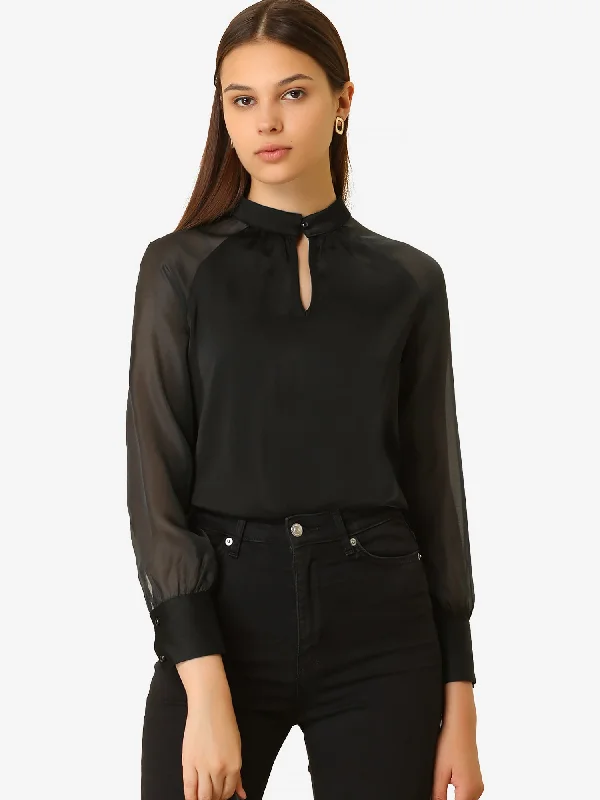 Long Sleeve Keyhole Neck Sheer Satin Blouse Feminine Pastel Blouse