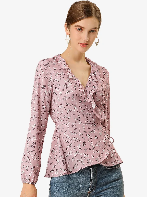 Floral V Neck Wrap Top Long Sleeve Tie Waist Ruffle Peplum Blouse Bell Sleeve Blouse