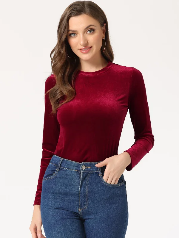 Casual Round Neck Stretchy Long Sleeve Velvet Solid Blouse Modern Oversized Blouse