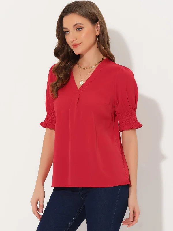 Short Bubble Sleeve Solid V Neck Casual Blouse Lightweight Chiffon Blouse