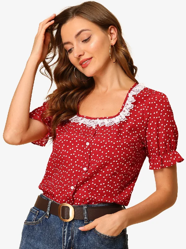 Square Neck Ruffle Short Sleeve Love Heart Printed Blouse Soft Knit Blouse