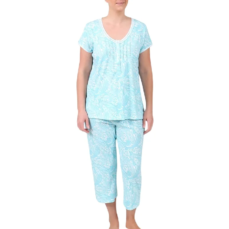 MISS ELAINE - Short Sleeve Top & Cropped Pant Printed Pajama Set Trendy Velvet Pants