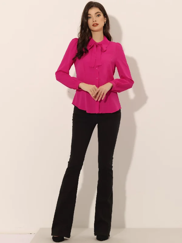 Peter Pan Collar Chiffon Bow Tie Neck Puff Sleeve Button Blouse Everyday Stylish Blouse