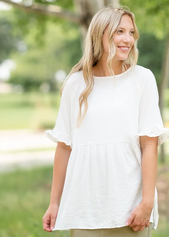 White Ruffle Sleeve Button Up Blouse - FINAL SALE Casual Relaxed Fit Blouse