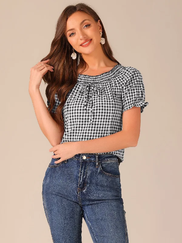 Peasant Round Neck Ruffles Puff Sleeve Gingham Plaid Blouse Mandarin Collar Blouse
