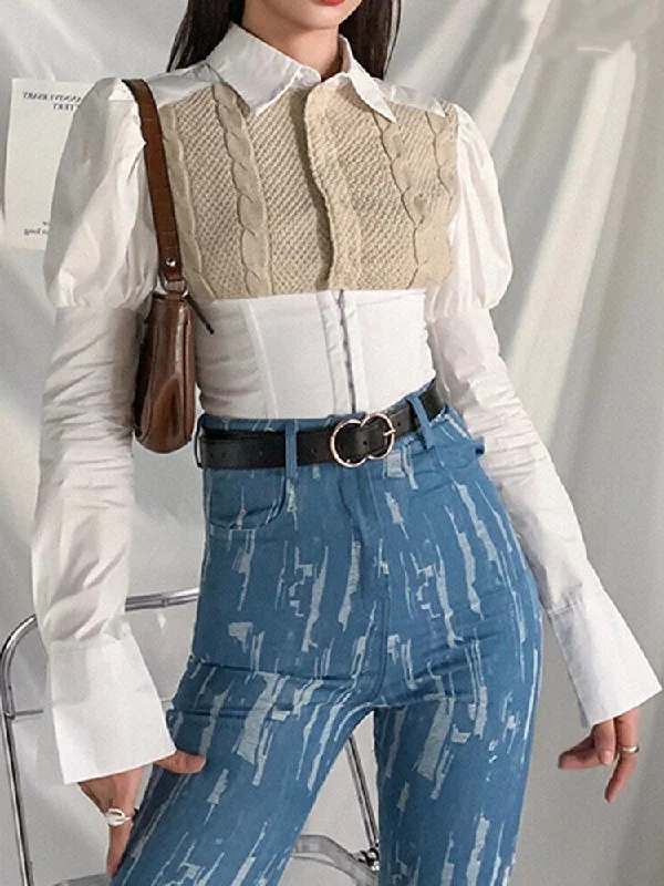 Autumn Womens Blouse Cable Knitted Twist Patchwork Turn-down Collar Shirt Chic Sleeveless Blouse Autumn Womens Blouse Cable Knitted Twist Patchwork Turn-down Collar Shirt Chic Sleeveless Blouse