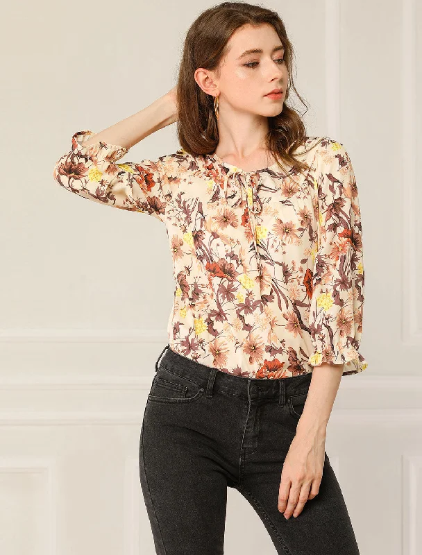 Floral Tops Bow Tie Neck Vintage 3/4 Sleeve Blouse Elegant Office Blouse
