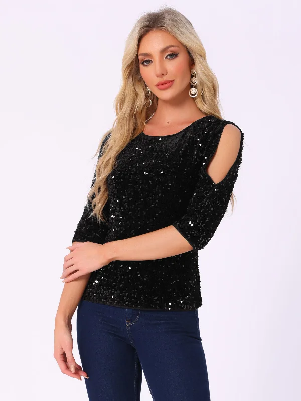 Sparkle Sequin Velvet 3/4 Sleeve Cut-Out Blouse Pleated Collar Blouse