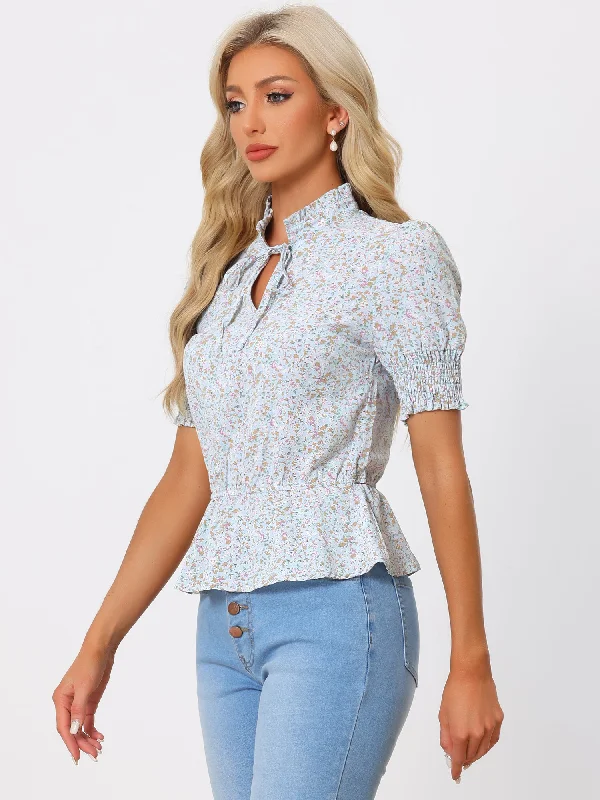 Floral Summer Ruffle Neck Lace-Up Short Shirred Sleeve Peplum Blouse Soft Satin Blouse