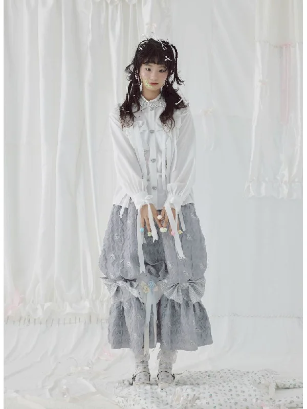 Bow Ribbon Pleated Cute Metal Button Blouse【s0000004650】 Textured Cotton Blouse