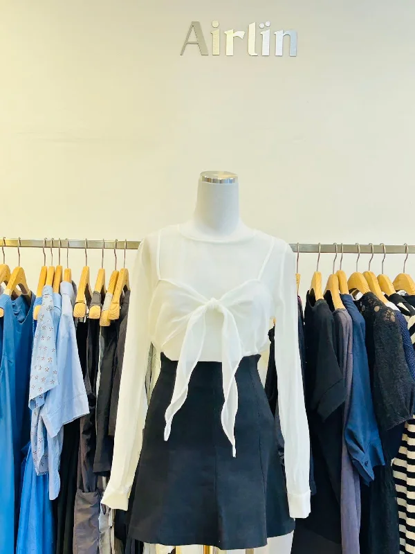White/grey sheer bow blouse Casual Relaxed Blouse