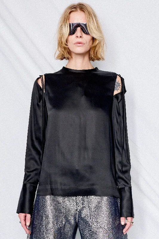 Black Slit Satin Blouse Double Button Blouse