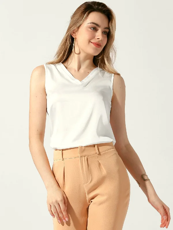 Sleeveless Work Business V Neck Satin Blouse Bell Sleeve Blouse