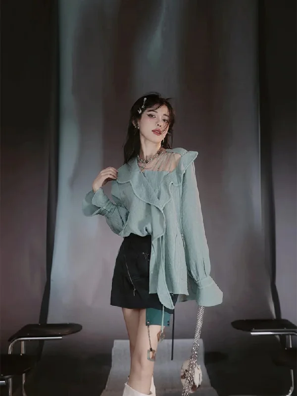 Asymmetry Lace Sheer Mermaid Ruffle Blouse&2esy-Skirt【s0000004029】 Ruffled Neck Blouse Asymmetry Lace Sheer Mermaid Ruffle Blouse&2esy-Skirt【s0000004029】 Ruffled Neck Blouse