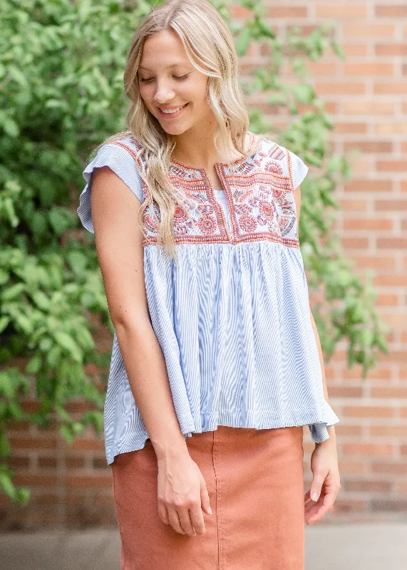 Embroidered Flutter Sleeve Blouse - FINAL SALE Embellished Collar Blouse