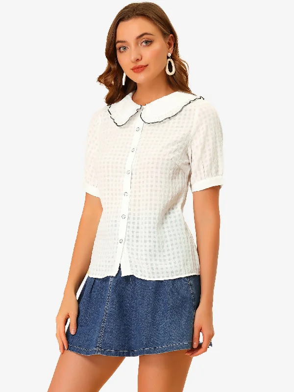 Peter Pan Collar Contrast Color Trim Gingham Button Up Blouse Shirt Lightweight Tunic Blouse