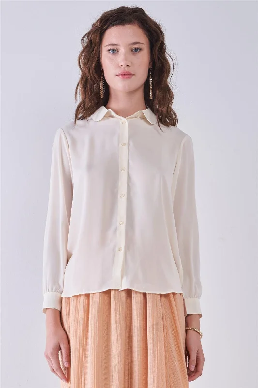 Shell Beige Long Sleeve Collared Neck Button-Down Front Blouse Ruffled Neck Blouse