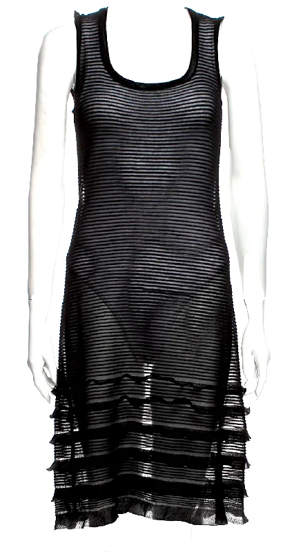 Valentino Garavani Italy. Black Semi Sheer Ribbed Striped Knee Length Dress