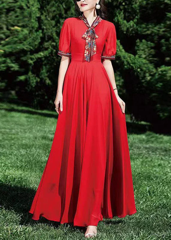 Elegant Red Patchwork Wrinkled Tunic Chiffon Long Dress Summer