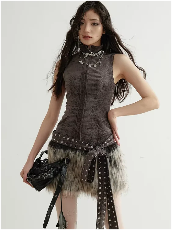 Bella Belted Faux Fur Bottom Dress
