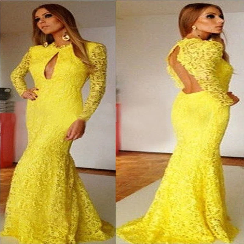 Yellow Long Mermaid Prom Dresses, Long Sleeve Prom Dresses, Open-back Prom Dresses, Open-neck Lace Prom Dresses, TYP0207 Yellow Long Mermaid Prom Dresses, Long Sleeve Prom Dresses, Open-back Prom Dresses, Open-neck Lace Prom Dresses, TYP0207