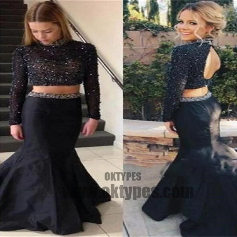 Black Two Piece Long Mermaid Prom Dresses, Beading Prom Dresses, Open-back Prom Dresses, Long Sleeve Prom Dresses, TYP0300 Black Two Piece Long Mermaid Prom Dresses, Beading Prom Dresses, Open-back Prom Dresses, Long Sleeve Prom Dresses, TYP0300